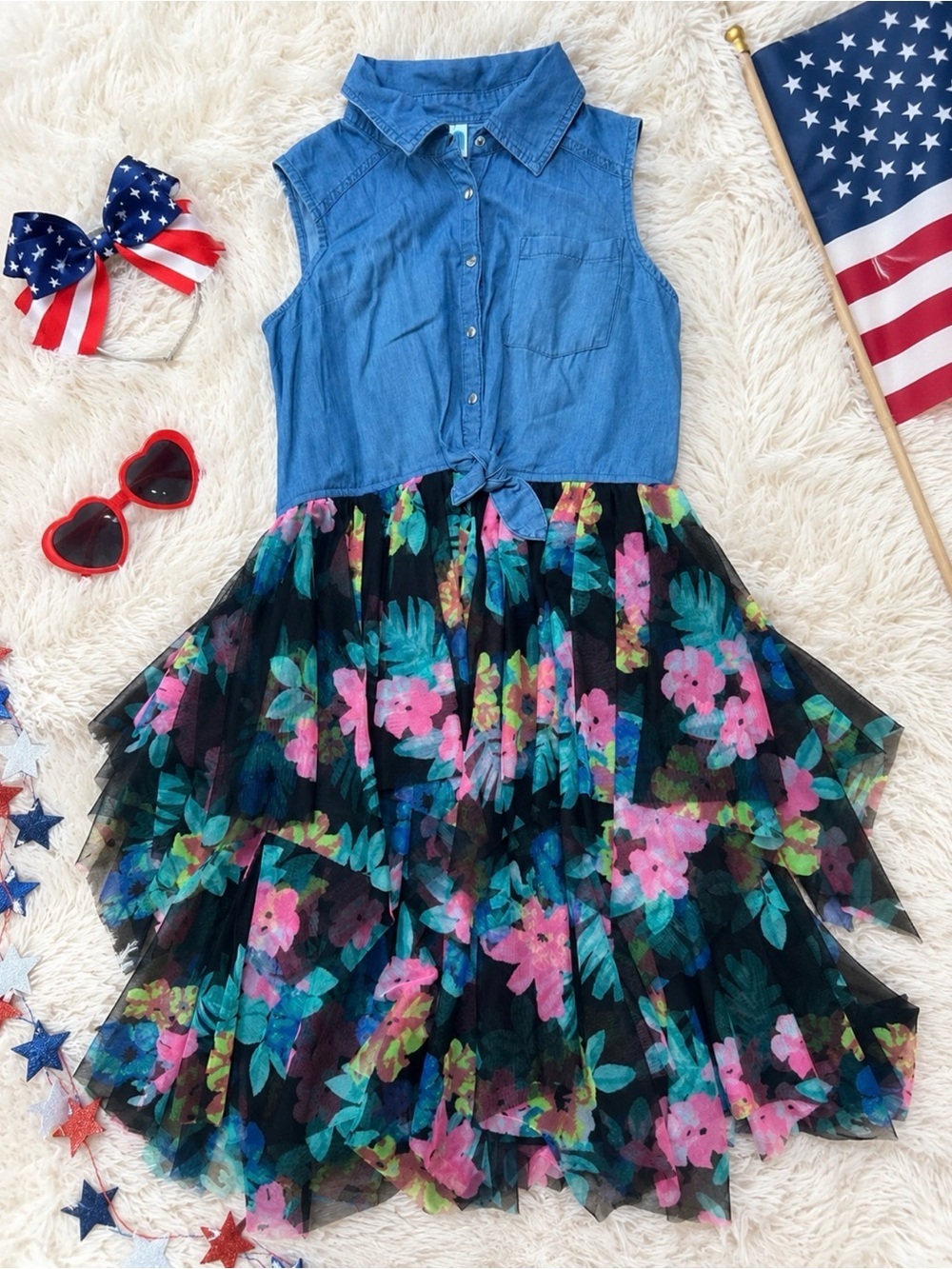 Denim Tie-Front Top with Floral Tulle Skirt Dress